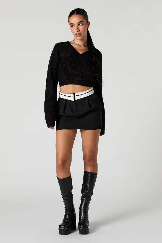 Ribbed Knit V-Neck Cropped Sweater