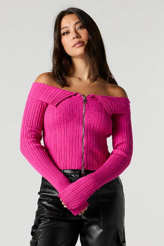 Wide Ribbed Off Shoulder Zip Up Top