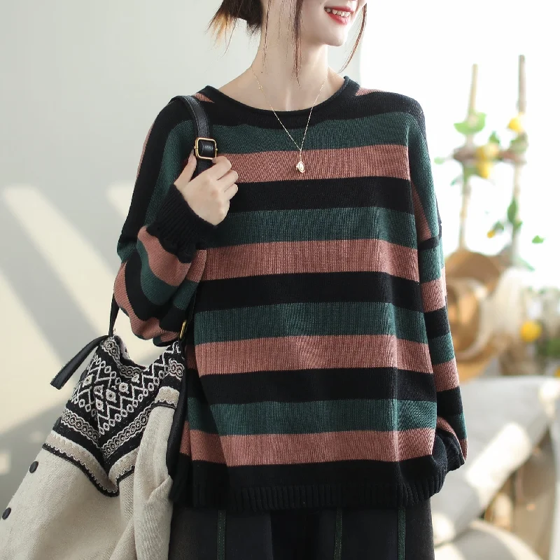 Autumn Fashion Stripe Cotton Knitted Loose Sweater