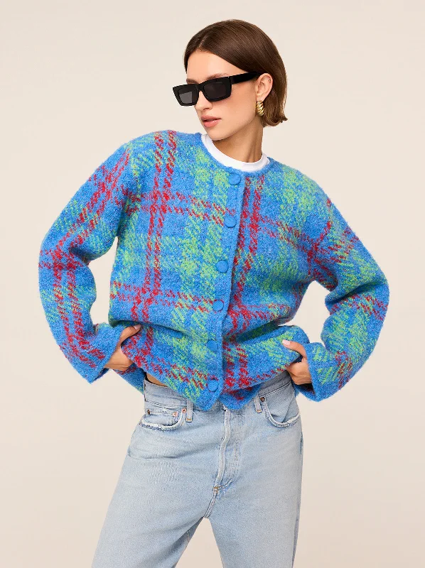 Pandora Blue Check Bouclé Knit Cardigan