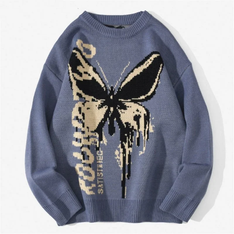 Harajuku Fashion Butterfly Knitwear Sweaters, Hip Hop Loose Pullover Sweaters for Men and Women, Casual Streetwear Tops