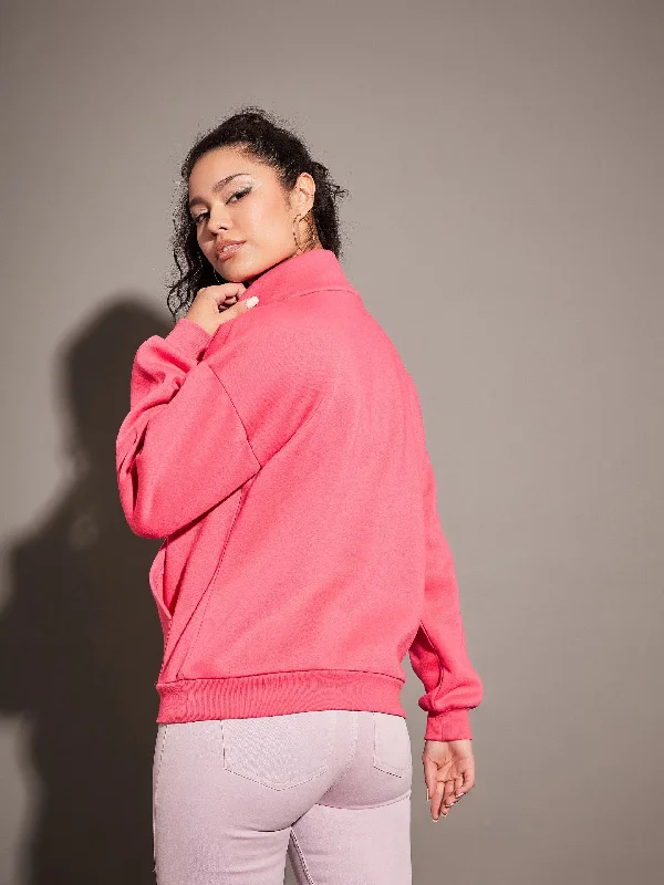 Women Pink Fleece Front Zipper Sweatshirt