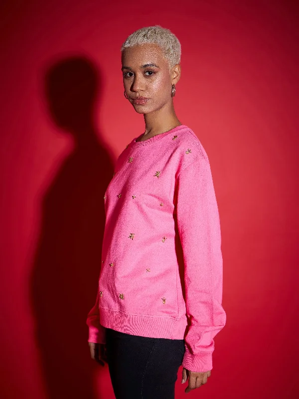 Women Pink Terry All Over Pearl Sweatshirt